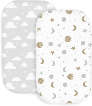 100% Organic Cotton 2 Pk of Bedside Sleeper Bassinet Fitted Mattress Sheets for Mika Micky, Baby Delight, Ronbei, Chicco, KoolerThings, Cloud Baby, AMKE, Angelbliss, Maxi-COSI, Arm’s Reach, and More.