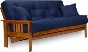 Nirvana Futons Stanford Futon Set – Queen Size Futon Frame with Mattress Included (8 Inch Thick Mattress, Twill Navy Blue Color), Heavy Duty Wood, Popular Sofa Bed Choice