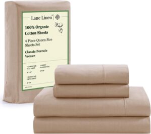 LANE LINEN 100% Organic Cotton Sheets Set Pure Long- Staple Percale Weave – Bedding for Bed Fits Mattress Upto 15″ Deep Pocket (Queen Taupe)