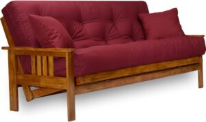 Nirvana Futons Stanford Futon Set – Queen Size, Frame, 8″ Mattress, Twill Burgundy Cover