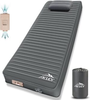 Self Inflating Sleeping Pad with Electric Pump, 4″ Ultra-Thick Memory Foam Camping Pad with Pillow, 9.5 R-Value Insulated Camping Mattress, Grey