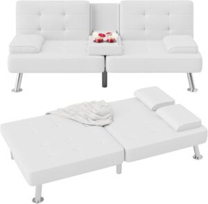 Flamaker Futon Sofa Bed Modern Folding Futon Set PU Leather Convertible Recliner Lounge for Living Room with 2 Cup Holders, Removable Armrests (PU Leather, White)