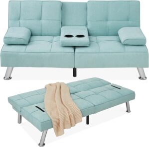 Best Choice Products Linen Modern Folding Futon, Reclining Sofa Bed for Apartment, Dorm w/Removable Armrests, 2 Cupholders – Aqua