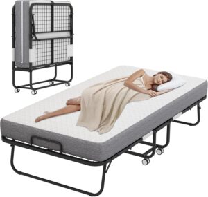 Large Folding Bed with Mattress for Adult – 75”x46” Foldable Rollaway Bed for Guest, Space Saving Fold Up for Easy Storage
