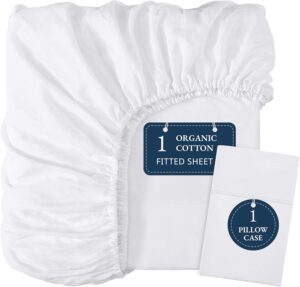 LANE LINEN Twin Fitted Sheets, 100% Organic Cotton 2-Piece Set (1 Fitted Sheet, 1 Pillowcase), Percale Weave, Bottom Sheet, Soft, Breathable, Fits Mattress Upto 15′ Deep – White (No Flat Sheet)