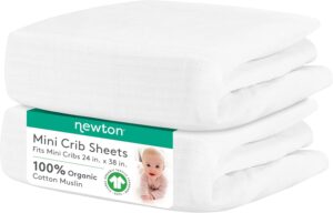 Newton Baby Organic Fitted Mini Crib Sheet (2-Pack) – 100% Breathable and Ultra-Soft, 100% Organic Muslin Cotton, Machine Washable, Fit Any Mini Sized Crib 24″ x 38″ and up to 8″, White