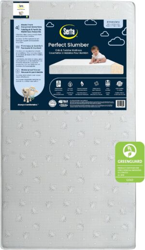 Serta Perfect Slumber Dual Sided Crib and Toddler Mattress – Waterproof – Hypoallergenic – Premium Sustainably Sourced Fiber Core -GREENGUARD Gold Certified (Non-Toxic) -7 Year Warranty – Made in USA