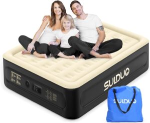 Luxury Air Mattress Queen with Built in Pump, 18” High Double Blow Up Mattress, Self Inflating Air Bed with Flocked Top and Carry Bag, Durable Portable Airbed for Home Guest and Camping, Khaki