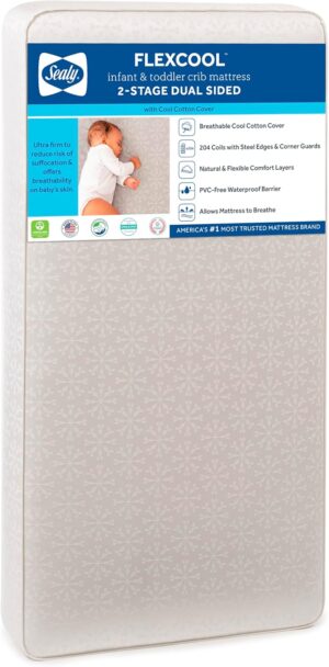 Sealy Baby Flex Cool 2 Stage Breathable Crib Mattress with Toddler Bed Fit, Waterproof & Airy Cotton Cover, 204 Premium Coils, GREENGUARD Gold Certified, Safety & Quality Tested, Made in USA, 52×28″