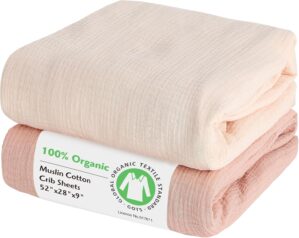 Baby Organic Fitted Crib Sheets 2 Pack 100% Organic Cotton Muslin 52×28 Inches, Ultra Breathable and Soft Sheet Fits All Standard Crib Mattress Sheet Neutral Toddler Bedding for Baby Boys Girls