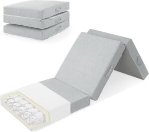 HOMBYS High Density Foam Trifold Floor Mattress with Inner Spring,Foldable Floor Bed Mattress Single Size,Portable Folding Mat,Guest Sleeping Mattress for Floor,4 inch Temporary Bed,75″x25″x4″,Gray