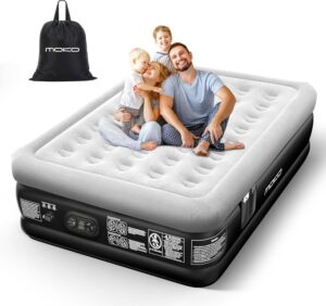 MoKo Air Mattress Queen with Built in Pump, 18” Luxury Inflatable Mattress, 3 Min Fast Blow up Mattress, Comfort Top – Velvety Air Bed for Home, Camping, Travel, Guests, Black/Gray