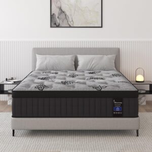 Queen Mattress, 12 Inch Hybrid Mattress Bed in a Box with Gel Memory Foam & Pocket Spring, Euro Top, Medium Firm for Back Support & Pressure Relief, Motion Isolation, Grey