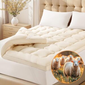 Luxury 100% Organic Wool Mattress Topper Made from Australian Merino,1500GSM Breathable Pillow Top Mattress Pad Queen Size with 100% Organic Cotton Cover – 60″x80″