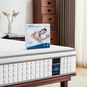 Inofia Twin Mattress, 10 Inch Twin Size Hybrid Mattress with Cool Memory Foam Layers, Waterproof Protector Set, Motion Isolating Individually Wrapped Coils, Supportive & Pressure Relief