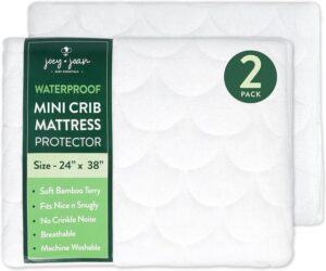 Joey + Joan Waterproof Mini Crib Mattress Protector – 2 Pack, 24″ x 38″ Quilted Ultra Soft Bamboo Viscose Terry Mini Crib Mattress Pad Cover – Noiseless & Breathable
