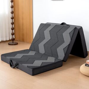 INGEROOM Trifold Mattress Single – Memory Foam 4 inch Foldable Mattress for Camping, with Portable Handle, Non-Slip Folding Floor Bed Sofa for Guest Travel Yoga, Washable Breathable Cover