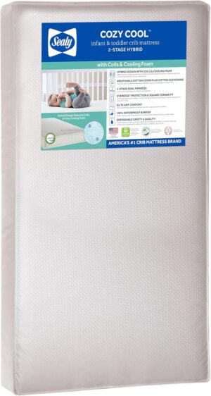 Sealy Baby Cozy Cool Hybrid Breathable Crib Mattress, GREENGUARD GOLD Certified, Made in USA, Cooling Foam, 2 Stage, Toddler Bed Fit, 204 Coils & Cotton Cover, Safety & Quality Tested, 52×28″