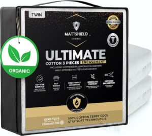 MATTSHIELD Ultimate Sensitive Skin 3-Piece Kit – Twin Size Bed Bug Mattress Protector + 2 Zippered Pillow Covers – Organic Cotton Terry Top – Waterproof 6-Sided Encasement, Soft & Breathable