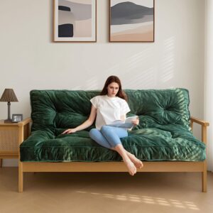 MAXYOYO 6″ Futon Mattress Full Size, Velvet Thick Futons Sofa Couch Bed, Versatile Floor Mattress for Adults, Shredded Foam Filling (Frame Not Included), Green
