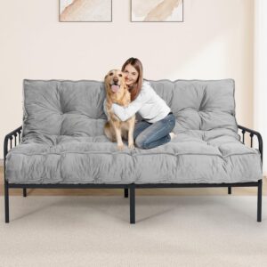 8″ Futon Mattress Queen Size 60″ x 80″, Thicken Floor Futon Mattress for Sleeping, Foldable Velvet Futon Sofa Bed for Adult, Tatami Sleeping Mat for Camping, Dorm, Light Gray(Frame Not Included)