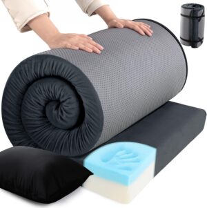 HOMBYS 3 INCH Memory Foam Camping Mattress with Portable Pillow for Outdoor Sleeping, Roll Up Mattress Topper Pad Mat for Travel Truck Bed Tent