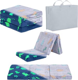 Foldable Floor Mattress for Kids, Glow in The Dark Toddler Washable Tri Folding Floor Nap Mat for Sleeping Daycare, Child Trifold Futon Sofa Bed with Storage Bag for Girls and Boys