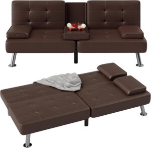 Flamaker Futon Sofa Bed Modern Folding Futon Set Convertible Recliner Lounge for Living Room with 2 Cup Holders, Removable Armrests (PU Leather, Brown)
