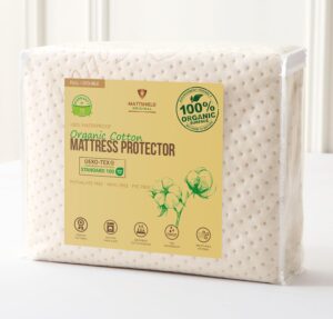 Luxury Waterproof Organic Mattress Protector Full – Organic Cotton Breathable Mattress Pad Cover – New 380 GSM Comfort – Deep Pocket – Jersey Cotton Skirt – Fitted Comfort