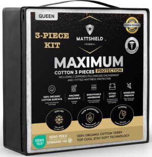 MATTSHIELD New Maximum 3-Piece Kit – 100% Waterproof Organic Cotton Mattress Protector Queen + 2 Pillow Protectors with Zipper, Skin-Friendly, Breathable, Fitted Mattress Cover