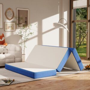 Foldable Mattress Queen, 4 Inch Folding Mattress Memory Foam Trifold Floor Mattress , Portable Queen Bed Mattress Topper, Tri Fold Up Mattress with Removable Cover & Non-Slip Bottom, 80″×60″×4″